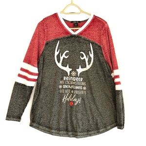 Sable Sky Festive Gray and Red Long Sleeve V-neck Tee Christmas Size 1X